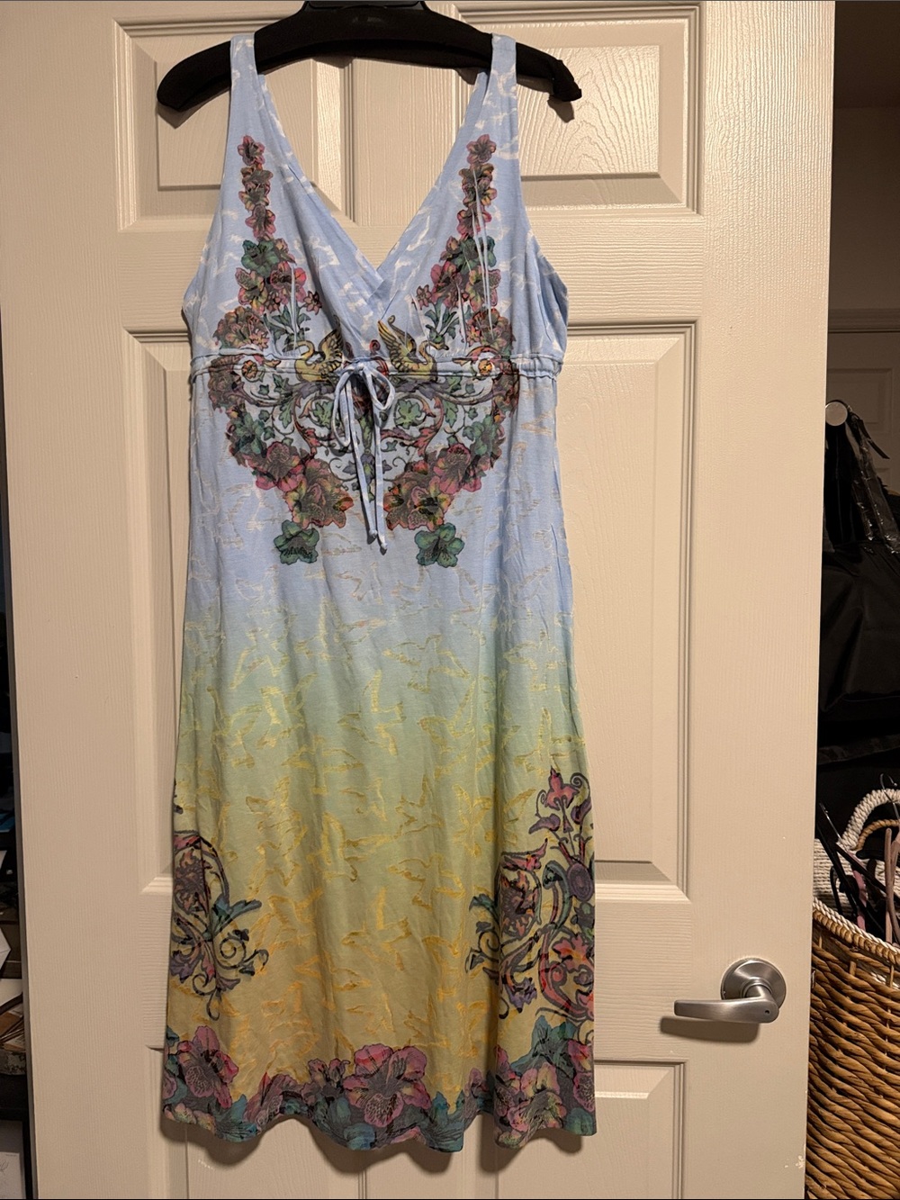 Butter Ombre Floral V‑Neck Midi Dress in Light Blue and Yellow